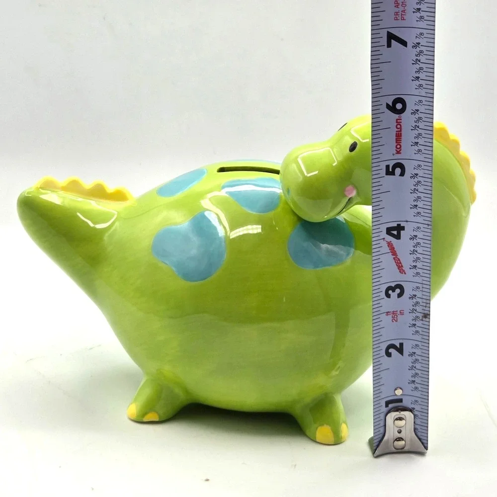 Long Neck Dinosaur Kids Coin Bank Lime Green  & Blue Removable Stopper